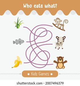 Who eats what maze for kids game education with animal theme vector illustration