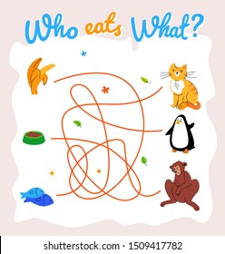 Who eats what maze, labyrinth vector template