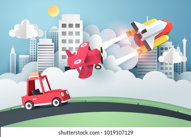 Who is faster, Paper art of space shuttle, air plane and car launch and race at the city,  marketing and start up business idea, vector art and illustration.