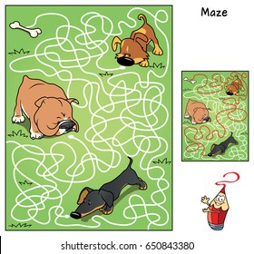 Who finds a tasty bone? Educational maze game for children. Cartoon vector illustration