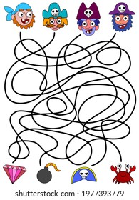 Who gets what? - educational visual pirate game for children vector illustration. Funny cartoon pirate characters and pink brilliant, bomb, skull hat and crab 