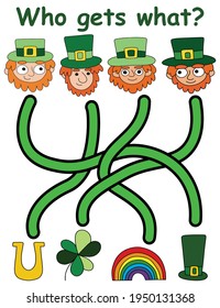 Who gets what? game for children stock vector illustration. Educational puzzle with four cartoon irish leprechauns. Funny maze game with four tangled ways printable vertical page. One of a series
