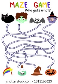 Who gets what? halloween maze game stock vector illustration. Vertical funny educational vector game for kids. Preschool children visual halloween game printable worksheet.