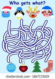 Who gets what - Christmas children maze game stock vector illustration. Funny educational winter holidays visual puzzle. Big maze with four tangled paths printable page for kids. One of a series