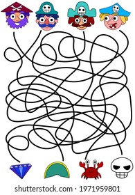Who gets what - game with four pirates stock vector illustration. Funny hand-drawn pirates and four tangles ways - activity page for children. Educational visual puzzle - who gets what