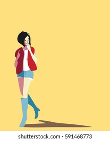 "Who, me?" - girl laughing - vector illustration of a young girl with black hair wearing fashionable clothing, high boots
