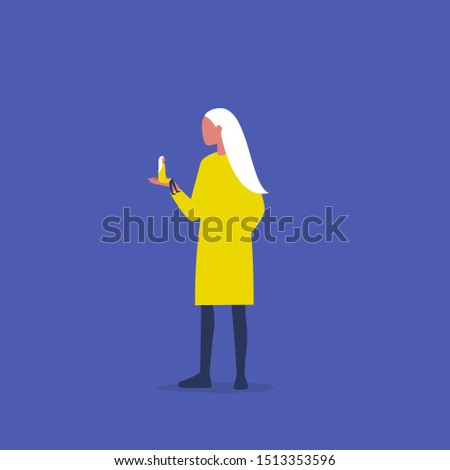 Who am I. Introspection. Mindfulness. Inner self. Young female character holding a small copy of herself on a palm of a hand. Psychological issues. Modern lifestyle