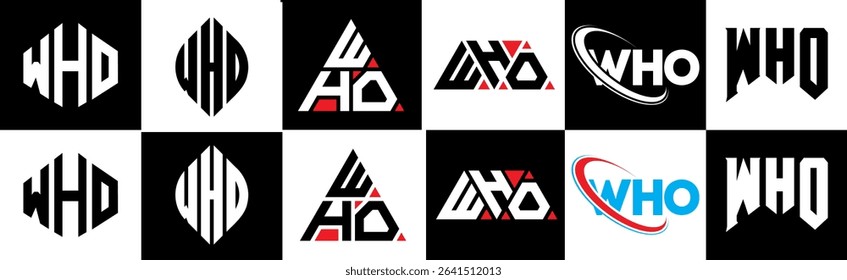 WHO letter logo design in six style. WHO polygon, circle, triangle, hexagon, flat and simple style with black and white color variation letter logo set in one artboard. WHO minimalist and classic logo