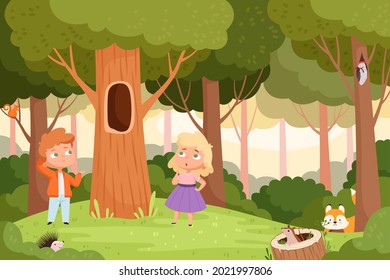 Who live in hollow. Kids puzzle game, quiz question location for baby. Find right animal, children in forest vector background