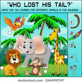 Quem perdeu a cauda? Jogo de quebra-cabeça para crianças. Animais no prado. Planilha de educação. Enigma para pré-escolares. Ilustração isolada de vetor. Estilo de desenho animado.