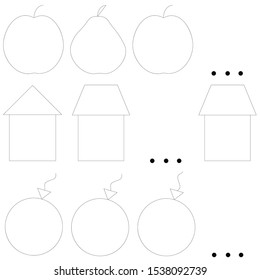 
Who is missing. Find and draw the missing item. Paint it all. Training for children 3-5 years old. Contour fruits, houses, balloons.