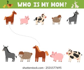 Who is my mom matching game for kids with cute farm animals. Farm activity page for school and preschool. Vector illustration