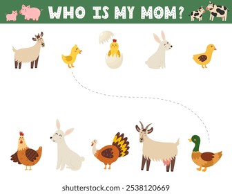 Who is my mom matching game for kids with cute farm animals. Farm activity page for school and preschool. Vector illustration