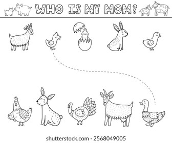 Who is my mom matching game for kids with cute farm animals in black and white. Farm activity page for school and preschool in outline. Vector illustration