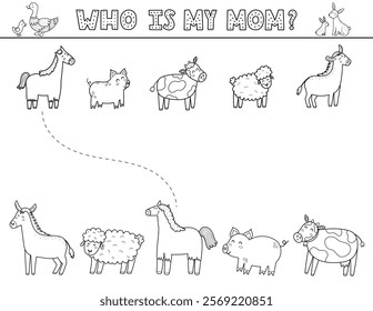 Who is my mom matching game for kids with cute farm animals in outline. Black and white farm activity page for school and preschool. Vector illustration