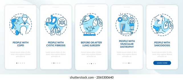 Who needs pulmonary rehabilitation blue onboarding mobile app page screen. Walkthrough 5 steps graphic instructions with concepts. UI, UX, GUI vector template with linear color illustrations