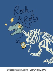 ¿Quién dijo que los dinosaurios sólo pueden rugir? ¡Este genial dinosaurio prefiere rockear al rock and roll! Una ilustración divertida y contrastante entre una criatura prehistórica y la música moderna.