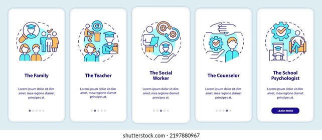 Who should participate onboarding mobile app screen. Family, teacher walkthrough 5 steps editable graphic instructions with linear concepts. UI, UX, GUI template. Myriad Pro-Bold, Regular fonts used