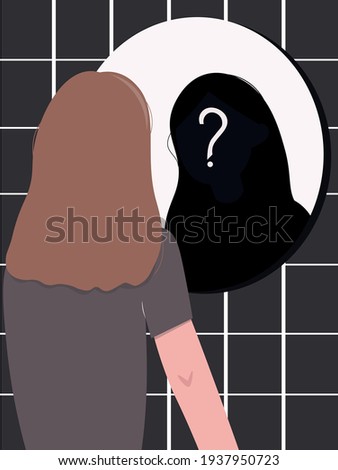 Who am I? Teenage attempts at self-determination. The girl looks in the mirror, but does not see herself in the reflection. Search for yourself. Mental problems. Denial of gender and appearance