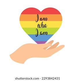 I am who I am text. LGBT Pride Logo. Badge Logo with LGBT Rainbow Illustration. Creative Vector Design Element for Pride Month Logo, Square Banner, Social Media Post Template.