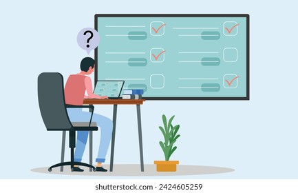Who Using Easy Device in Laptop Online Exam MCQ Multiple Choice Question Checkbox Unknown Examinee System Online Document Tasks. What is Next? Confused user in Laptop Screen Document check online exam
