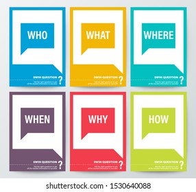 WHO WHAT WHERE WHEN WHY HOW, 5W1H 5W or WH Questions poster. colorful speech bubbles graphic background in vertical orientation.