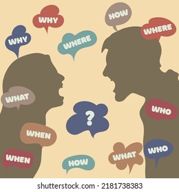 Who what where when why questions in speech bubbles. A man and a woman are chatting violently and discussing issues. Attitude, position, relationship. Communication concept. Vector illustration.