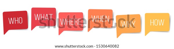 WHO WHAT WHERE\
WHEN WHY HOW 5W1H questions speech bubbles isolated on white\
background. vector design\
elements.