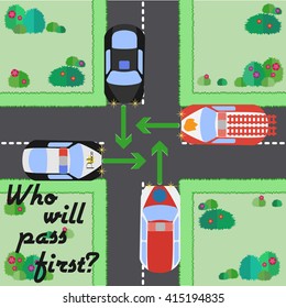 Who will pass first - conceptual cartoon picture on topic of traffic rules. Intersection with cars of city services. Vector illustration