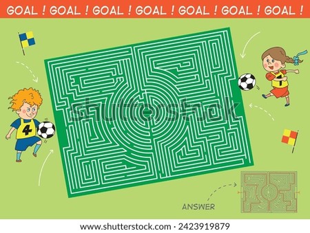 Who will score a goal first, a boy or a girl? Game labyrinth with a solution. Tangled lines. Funny cartoon character. Vector illustration.