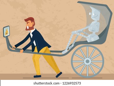 Who will serve for whom: artificial intelect for human or human for ai. How technology will influence in our live. A rickshaw-driver is motivated by robot- passenger, who shows him funny cat videos
