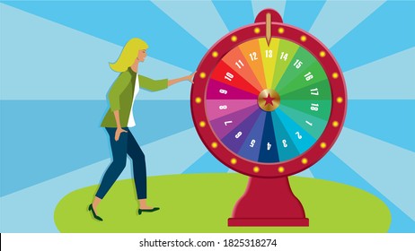 Who will win. Spinning wheel with numbers, one women. Dimension 16:9. Vector illustration.