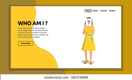 Who Am I Woman Self-knowledge Understanding Vector. Who Am I Girl Life Philosophical Ask, Lady Holding Paper List With Question Sign. Character Psychological Problem Web Flat Cartoon Illustration
