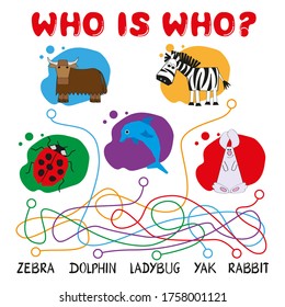Who is who? Yak, zebra, ladybug, dolphin, hare. Funny maze, puzzle game for children. Development, training, active leisure, cognitive game.