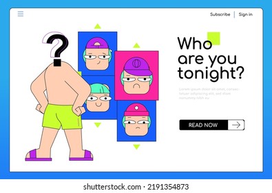 Who are you tonight - colorful flat design style banner with place for text. Neon colored composition with human body, which lost its own identity. Mood, head, cheerful, angry, sad feelings