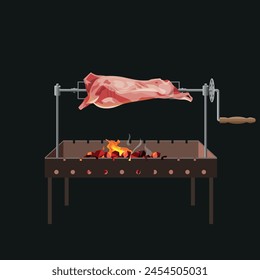 The whole animal carcass of beef, pork or lamb is grilled on a rotating spit. Vector illustration isolated on black background