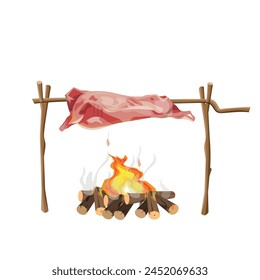 Whole animal carcass roast on a fire. Beef, pork or lamb cooked on coals. Fried meat. Vector illustration isolated on a white background