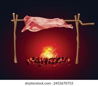 Whole animal carcass is roasted over a fire. Beef, pork or lamb cooked on coals. Fried meat. Vector illustration isolated on a black background