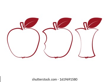 Whole Apple, Bitten And Apple Core. Red Icons, Outline Design. Vector Illustration