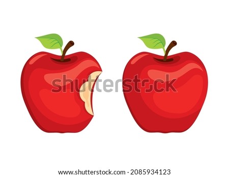 Whole apple and bitten red apple fruit icon vector. Red apples fruit icon set isolated on a white background