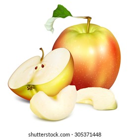 Whole apple and half cut apple with slices. Vector illustration