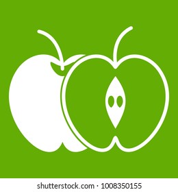 The whole apple and half icon white isolated on green background. Vector illustration