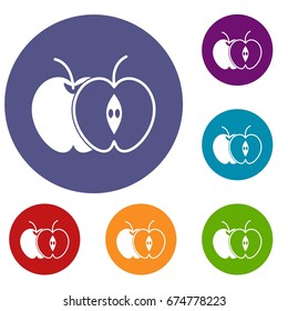 The whole apple and half icons set in flat circle reb, blue and green color for web