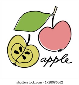 Whole apple and the half of it. Colorful vector illustration with hand lettering. Perfect for price tag, teaching aid, illustrated summary, other design projects