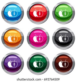The whole apple and half set icon isolated on white. 9 icon collection vector illustration