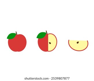 A whole apple, half an apple, a slice of an apple. Vector simple color flat illustration.