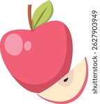 A whole apple with a leaf and a slice in a clean, bold style. The fruit is depicted with smooth lines and a glossy finish. Cartoon vector illustration.