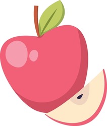 A whole apple with a leaf and a slice in a clean, bold style. The fruit is depicted with smooth lines and a glossy finish. Cartoon vector illustration.