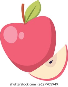 Una manzana entera con una hoja y una rodaja en un estilo limpio y audaz. La fruta se representa con líneas suaves y un acabado brillante. Ilustración vectorial de dibujos animados.