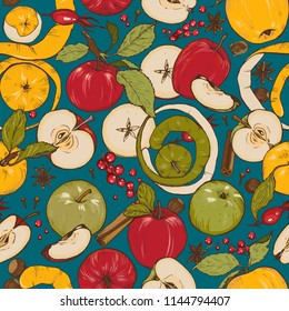 Whole apples, cut into halves and slices, spices and berries, vector seamless pattern